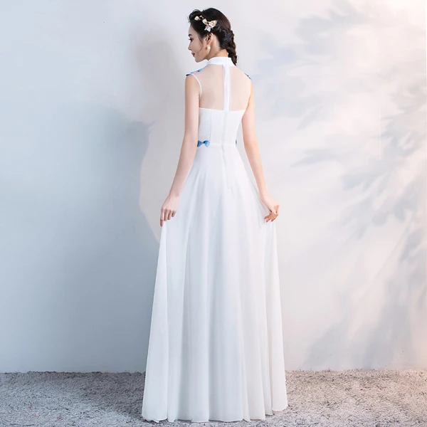 Chinese style White Floor-Length / Long Evening Dresses 2018 A-Line / Princess High Neck Tulle Appliques Beading Rhinestone Evening Party Formal Dresses