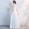 Chinese style White Floor-Length / Long Evening Dresses  2018 A-Line / Princess High Neck Tulle Appliques Beading Rhinestone Evening Party Formal Dresses