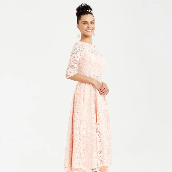 Chic / Beautiful Blushing Pink Evening Dresses 2020 A-Line / Princess 1/2 Sleeves Tea-length V-Neck Beading Crystal Embroidered Rhinestone Cocktail Party Evening Party Formal Dresses