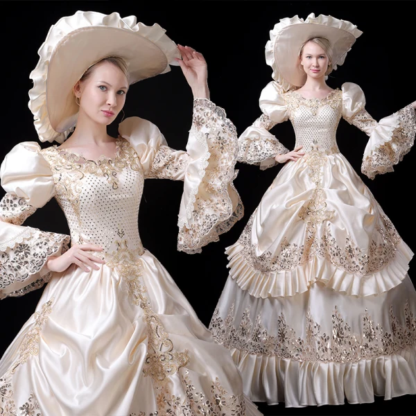 Vintage / Retro Medieval Bling Bling Ivory Ball Gown Prom Dresses 2021 U-Neck Zipper Up Floor-Length / Long Long Sleeve Lace Beading Sequins Cosplay Prom Formal Dresses