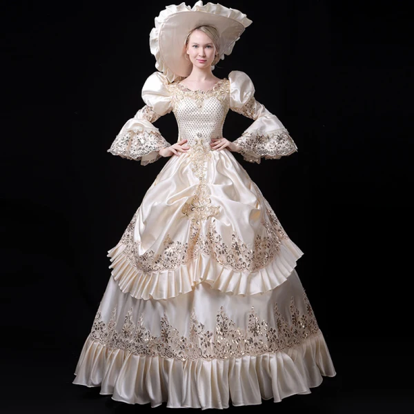 Vintage / Retro Medieval Bling Bling Ivory Ball Gown Prom Dresses 2021 U-Neck Zipper Up Floor-Length / Long Long Sleeve Lace Beading Sequins Cosplay Prom Formal Dresses