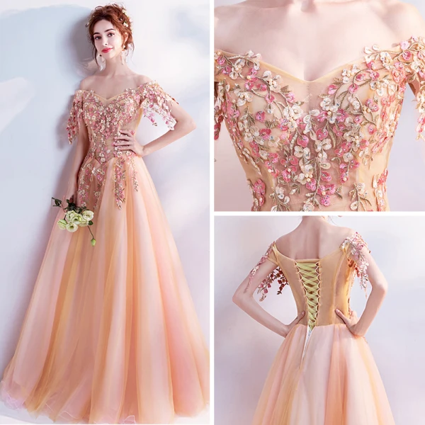 Flower Fairy Orange Prom Dresses 2017 Prom Tulle Appliques Backless Beading Embroidered Formal Dresses