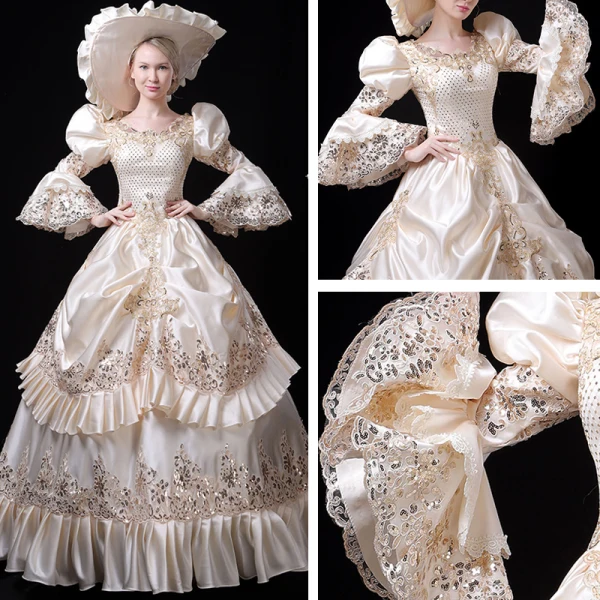 Vintage / Retro Medieval Bling Bling Ivory Ball Gown Prom Dresses 2021 U-Neck Zipper Up Floor-Length / Long Long Sleeve Lace Beading Sequins Cosplay Prom Formal Dresses