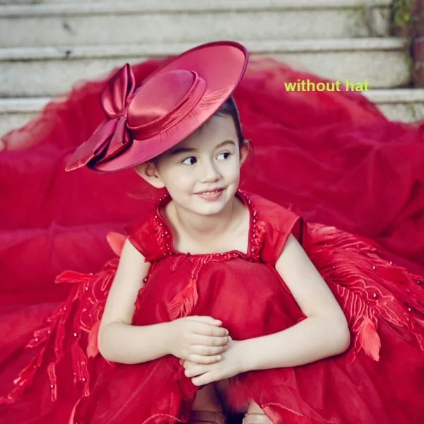 Chic / Belle Église Robe Pour Mariage 2017 Robe Ceremonie Fille Rouge Robe Boule Asymétrique Encolure Dégagée Sans Manches Dos Nu Fleur Appliques Perle Plumes