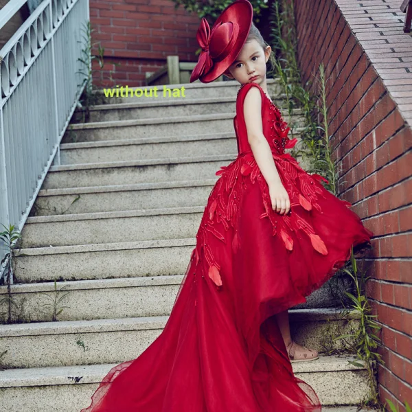 Chic / Belle Église Robe Pour Mariage 2017 Robe Ceremonie Fille Rouge Robe Boule Asymétrique Encolure Dégagée Sans Manches Dos Nu Fleur Appliques Perle Plumes
