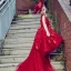 Chic / Belle Église Robe Pour Mariage 2017 Robe Ceremonie Fille Rouge Robe Boule Asymétrique Encolure Dégagée Sans Manches Dos Nu Fleur Appliques Perle Plumes