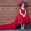 Chic / Belle Église Robe Pour Mariage 2017 Robe Ceremonie Fille Rouge Robe Boule Asymétrique Encolure Dégagée Sans Manches Dos Nu Fleur Appliques Perle Plumes