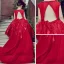 Chic / Belle Église Robe Pour Mariage 2017 Robe Ceremonie Fille Rouge Robe Boule Asymétrique Encolure Dégagée Sans Manches Dos Nu Fleur Appliques Perle Plumes