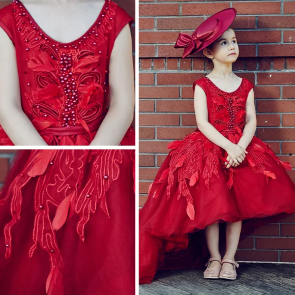 Chic / Belle Église Robe Pour Mariage 2017 Robe Ceremonie Fille Rouge Robe Boule Asymétrique Encolure Dégagée Sans Manches Dos Nu Fleur Appliques Perle Plumes