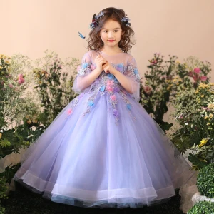 Chic Beautiful Church Wedding Party Dresses 2017 Flower Girl Dresses Lavender Sky Blue Ball Gown Floor Length Long Scoop Neck Backless 3 4 Sleeve Flower Appliques Sequins Beading