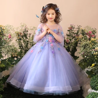 Chic Belle Église Robe Pour Mariage 2017 Robe Ceremonie Fille Lavande Bleu Ciel Robe Boule Longue Encolure Dégagée Dos Nu 3 4 Manches Fleur Appliques Paillettes Perlage