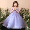 Chic / Beautiful Church Wedding Party Dresses 2017 Flower Girl Dresses Lavender Sky Blue Ball Gown Floor-Length / Long Scoop Neck Backless 3/4 Sleeve Flower Appliques Sequins Beading