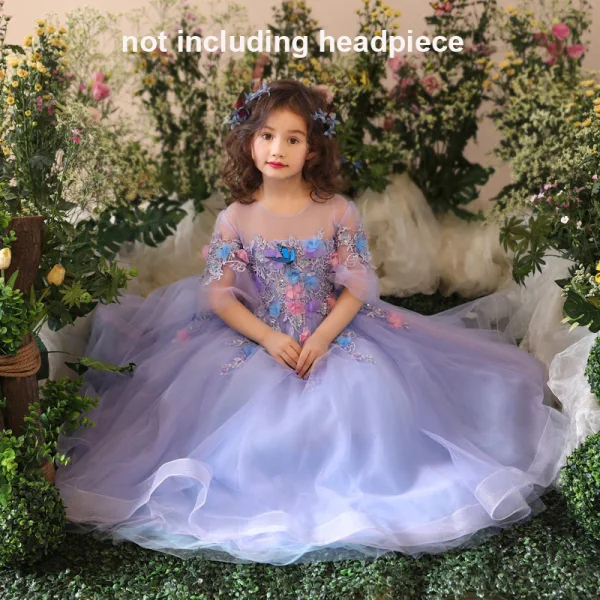 Chic / Beautiful Church Wedding Party Dresses 2017 Flower Girl Dresses Lavender Sky Blue Ball Gown Floor-Length / Long Scoop Neck Backless 3/4 Sleeve