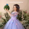 Chic / Beautiful Church Wedding Party Dresses 2017 Flower Girl Dresses Lavender Sky Blue Ball Gown Floor-Length / Long Scoop Neck Backless 3/4 Sleeve Flower Appliques Sequins Beading