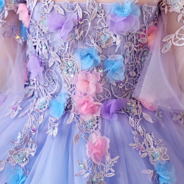 Chic / Beautiful Church Wedding Party Dresses 2017 Flower Girl Dresses Lavender Sky Blue Ball Gown Floor-Length / Long Scoop Neck Backless 3/4 Sleeve Flower Appliques Sequins Beading