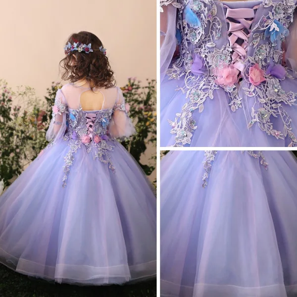 Chic / Beautiful Church Wedding Party Dresses 2017 Flower Girl Dresses Lavender Sky Blue Ball Gown Floor-Length / Long Scoop Neck Backless 3/4 Sleeve Flower Appliques Sequins Beading