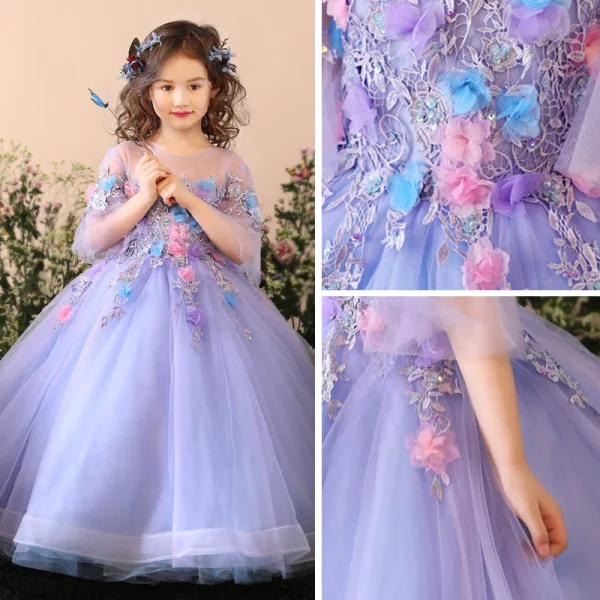 Chic / Beautiful Church Wedding Party Dresses 2017 Flower Girl Dresses Lavender Sky Blue Ball Gown Floor-Length / Long Scoop Neck Backless 3/4 Sleeve Flower Appliques Sequins Beading