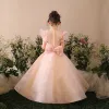 Chic / Beautiful Church Wedding Party Dresses 2017 Flower Girl Dresses Pearl Pink A-Line / Princess Floor-Length / Long Scoop Neck Short Sleeve Bow Lace Sequins Appliques