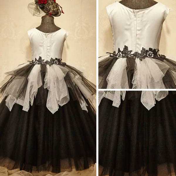 Chic / Belle Église Robe Pour Mariage 2017 Robe Ceremonie Fille Noire Blanche Robe Boule Longue Encolure Dégagée Sans Manches Perlage Fleur Appliques
