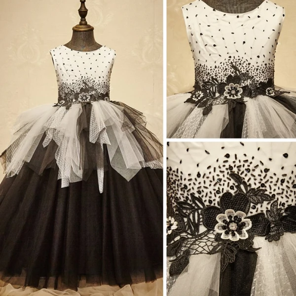 Chic / Belle Église Robe Pour Mariage 2017 Robe Ceremonie Fille Noire Blanche Robe Boule Longue Encolure Dégagée Sans Manches Perlage Fleur Appliques