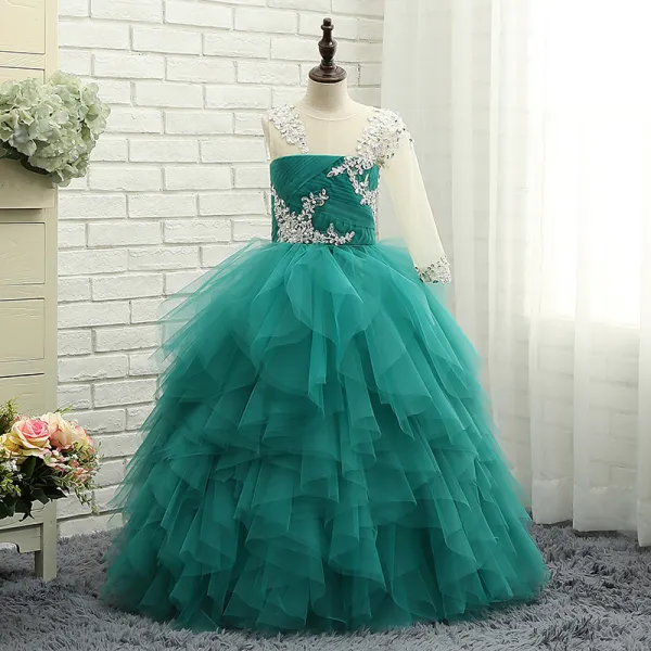 Amazing / Unique Hall Wedding Party Dresses 2017 Flower Girl Dresses Jade Green Ball Gown Pleated Floor-Length / Long One-Shoulder 1/2 Sleeves Sequins Rhinestone Appliques