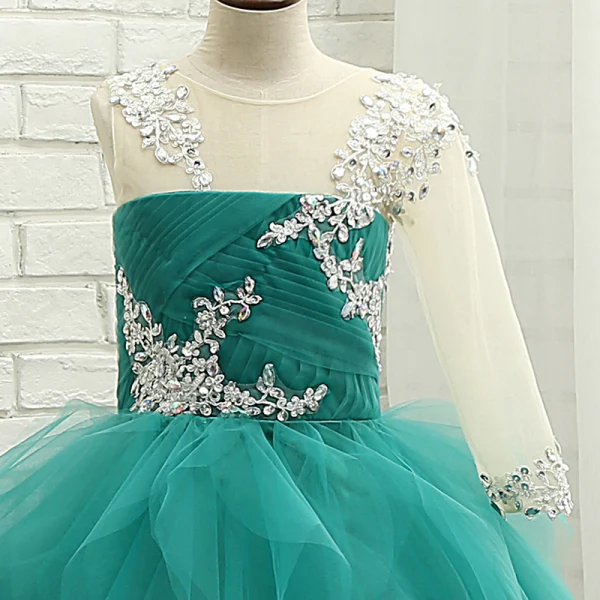 Unieke Hal Jurken Voor Bruiloft 2017 Bloemenmeisjes Jurken Jade Groen Baljurk Plooirok Lange Een Schouder 1/2 Mouwen Pailletten Rhinestone Appliques