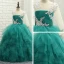 Unieke Hal Jurken Voor Bruiloft 2017 Bloemenmeisjes Jurken Jade Groen Baljurk Plooirok Lange Een Schouder 1/2 Mouwen Pailletten Rhinestone Appliques
