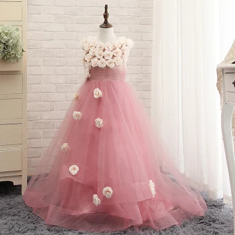 Chic Belle Église Robe Pour Mariage 2017 Robe Ceremonie Fille Rougissant Rose Princesse Tribunal Train Encolure Dégagée Sans Manches Fleur Appliques Fleurs Artificielles