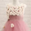 Chic / Beautiful Church Wedding Party Dresses 2017 Flower Girl Dresses Blushing Pink A-Line / Princess Court Train Scoop Neck Sleeveless Flower Appliques Artificial Flowers