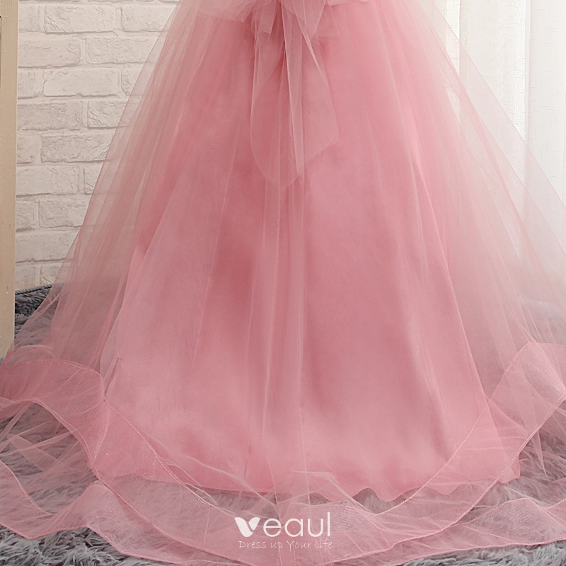 Chic / Beautiful Church Wedding Party Dresses 2017 Flower Girl Dresses  Blushing Pink A-Line / Princess Court Train Scoop Neck Sleeveless Flower  Appliques Artificial Flowers