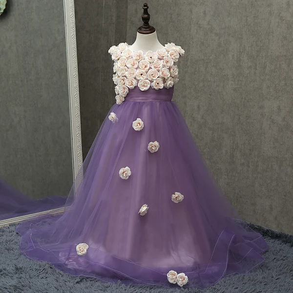 Chic / Beautiful Church Wedding Party Dresses 2017 Flower Girl Dresses Blushing Pink A-Line / Princess Court Train Scoop Neck Sleeveless Flower Appliques Artificial Flowers
