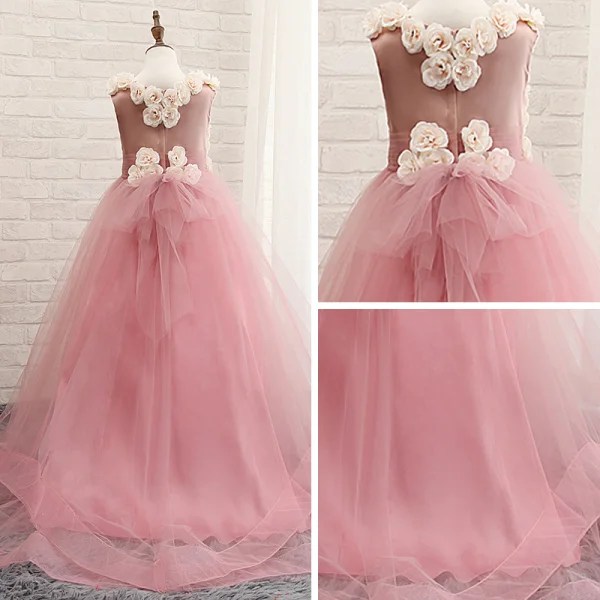 Chic / Beautiful Church Wedding Party Dresses 2017 Flower Girl Dresses Blushing Pink A-Line / Princess Court Train Scoop Neck Sleeveless Flower Appliques Artificial Flowers