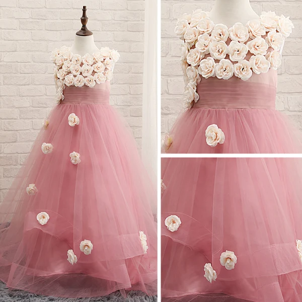 Chic / Beautiful Church Wedding Party Dresses 2017 Flower Girl Dresses Blushing Pink A-Line / Princess Court Train Scoop Neck Sleeveless Flower Appliques Artificial Flowers