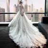 Chic / Beautiful Church Wedding Dresses 2017 Backless Lace Appliques Flower Sequins Ivory Ball Gown Royal Train