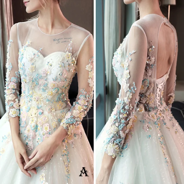 Schöne Kirche Brautkleider 2017 Rückenfreies Spitze Applikationen Blumen Pailletten Ivory / Creme Ballkleid Königliche Schleppe