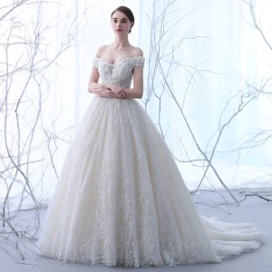 Elegant Champagne Wedding Dresses 2018 Ball Gown Off The Shoulder Short Sleeve Backless Appliques Lace Ruffle Chapel Train