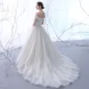 Elegant Champagne Wedding Dresses 2018 Ball Gown Off-The-Shoulder Short Sleeve Backless Appliques Lace Ruffle Chapel Train