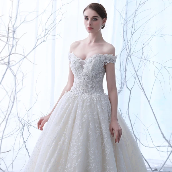 Elegant Champagne Wedding Dresses 2018 Ball Gown Off-The-Shoulder Short Sleeve Backless Appliques Lace Ruffle Chapel Train