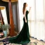 Elegant Dark Green See-through Suede Evening Dresses  2018 Trumpet / Mermaid Scoop Neck Strapless Sleeveless Beading Court Train Ruffle Formal Dresses