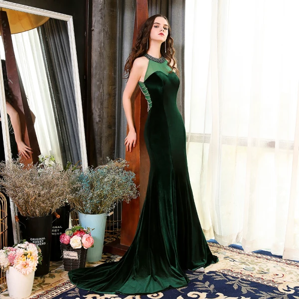 Elegant Dark Green See-through Suede Evening Dresses 2018 Trumpet / Mermaid Scoop Neck Strapless Sleeveless Beading Court Train Ruffle Formal Dresses