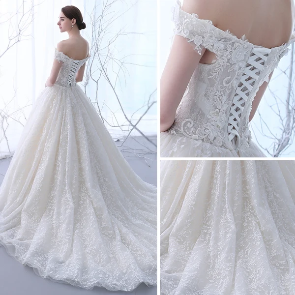 Elegant Champagne Wedding Dresses 2018 Ball Gown Off-The-Shoulder Short Sleeve Backless Appliques Lace Ruffle Chapel Train