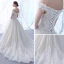 Elegant Champagne Wedding Dresses 2018 Ball Gown Off-The-Shoulder Short Sleeve Backless Appliques Lace Ruffle Chapel Train