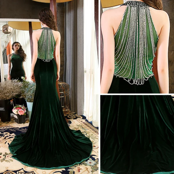 Elegant Dark Green See-through Suede Evening Dresses 2018 Trumpet / Mermaid Scoop Neck Strapless Sleeveless Beading Court Train Ruffle Formal Dresses