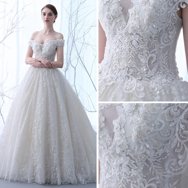 Elegant Champagne Wedding Dresses 2018 Ball Gown Off-The-Shoulder Short Sleeve Backless Appliques Lace Ruffle Chapel Train