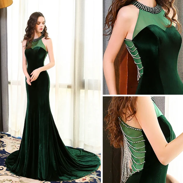 Elegant Dark Green See-through Suede Evening Dresses 2018 Trumpet / Mermaid Scoop Neck Strapless Sleeveless Beading Court Train Ruffle Formal Dresses