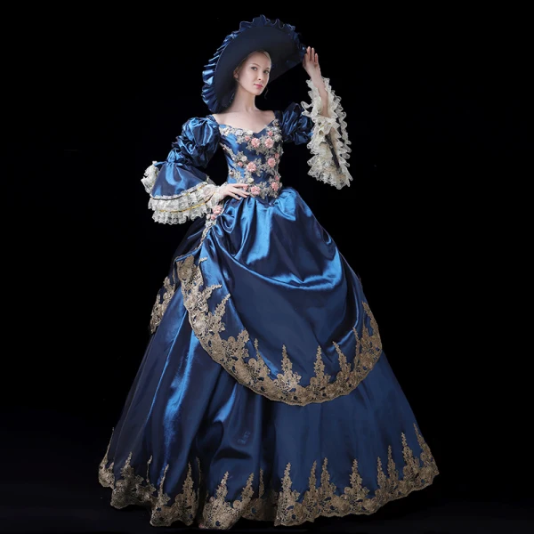 Vintage / Retro Medieval Navy Blue Ball Gown Prom Dresses 2021 V-Neck Long Sleeve Floor-Length / Long 3D Lace Handmade Embroidered Appliques Backless Flower Cosplay Prom Formal Dresses