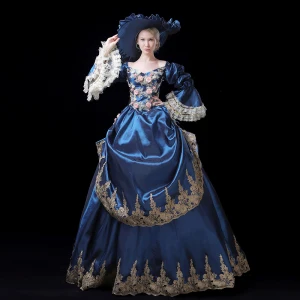 Vintage Retro Medieval Navy Blue Ball Gown Prom Dresses 2021 V Neck Long Sleeve Floor Length Long 3d Lace Handmade Embroidered Appliques Backless Flower Cosplay Prom Formal Dresses