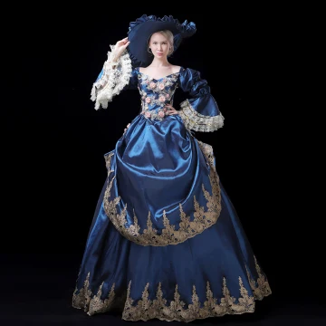 Vintage Originale Médiévale Bleu Marine Robe Boule Robe De Bal 2021 V Cou Manches Longues Longue Dentelle 3d Fait Main Brodé Appliques Dos Nu Fleur Cosplay Promo Robe De Ceremonie