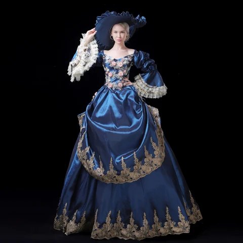 Vintage Middelalder Mørk Marineblå Ballkjole Ballkjoler 2021 V-Hals Langermede Lange 3D Lace Håndlaget Brodert Appliques Ryggløse Blomst Cosplay Ball Formelle Kjoler