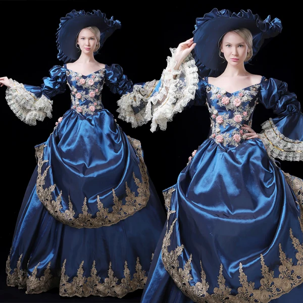 Vintage / Retro Medieval Navy Blue Ball Gown Prom Dresses 2021 V-Neck Long Sleeve Floor-Length / Long 3D Lace Handmade Embroidered Appliques Backless Flower Cosplay Prom Formal Dresses